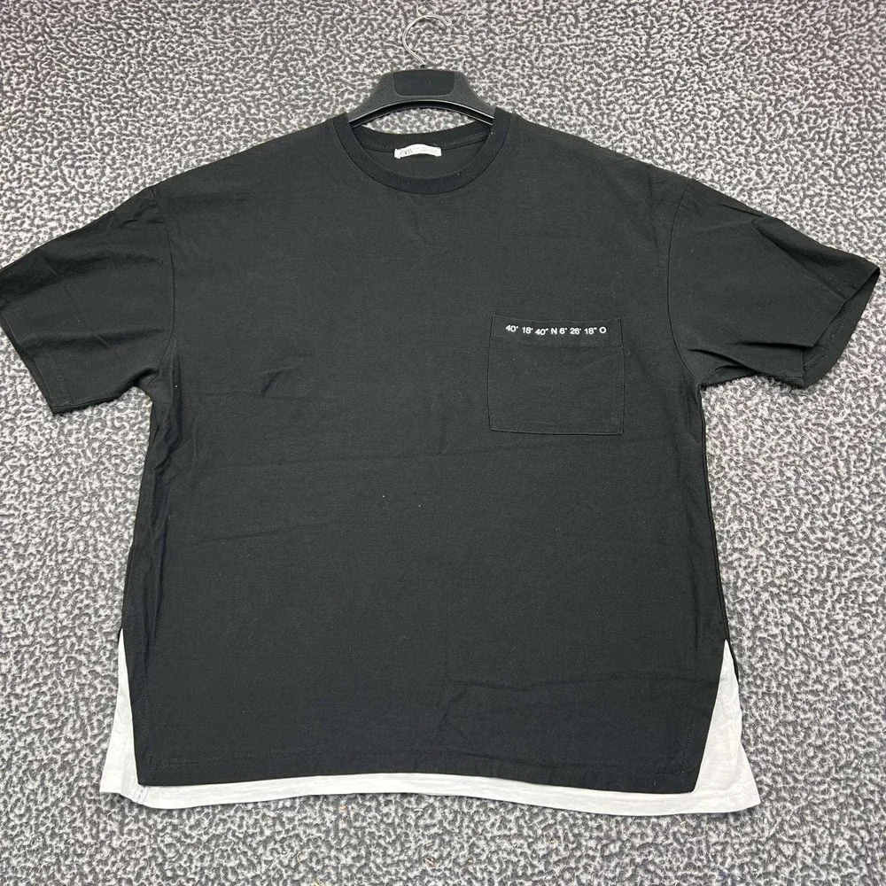 Zara Shirt Men Large Black Short Sleeve Pocket Layered Crewneck L